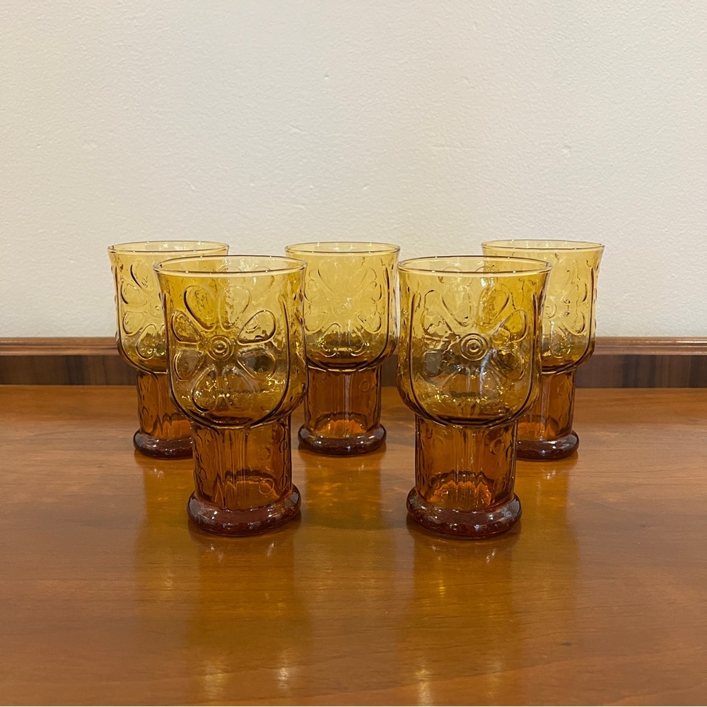 Set of 5 Vintage Libbey Country Garden Amber 12 oz. Floral Cooler Glasses